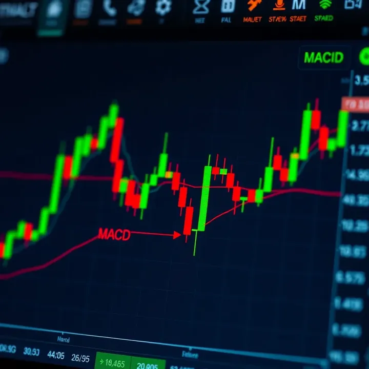 Candlestick chart highlighting Bollinger Bands and MACD indicators in a trading interface