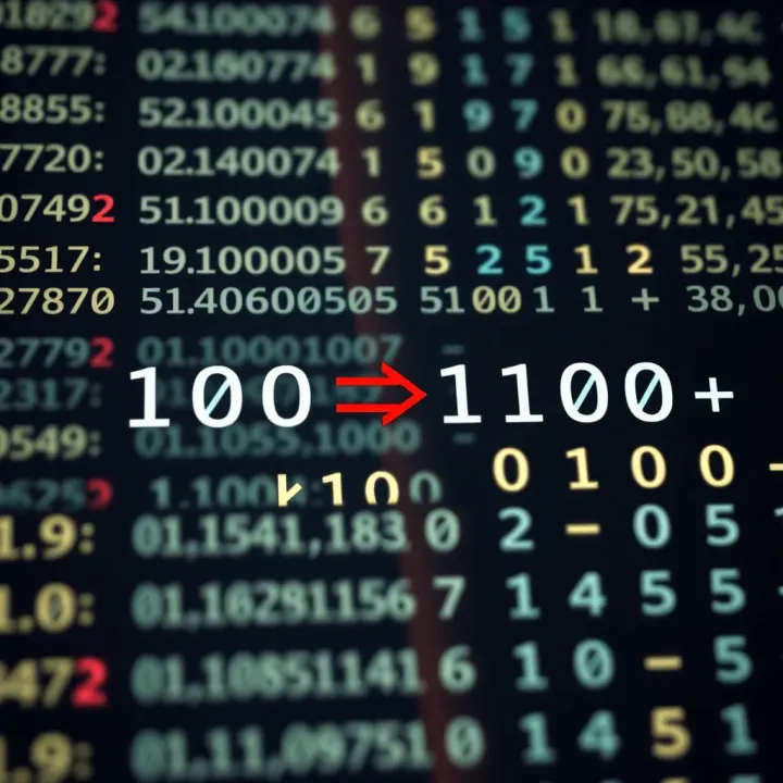 Illustration of decimal numbers converting into binary format with arrows indicating the conversion process
