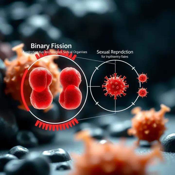 Diagram comparing binary fission with other reproductive methods highlighting differences in asexual and sexual reproduction