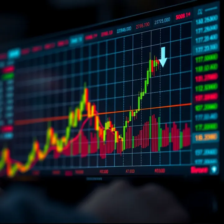 Graph showing upward and downward trends in financial trading marked with prediction options