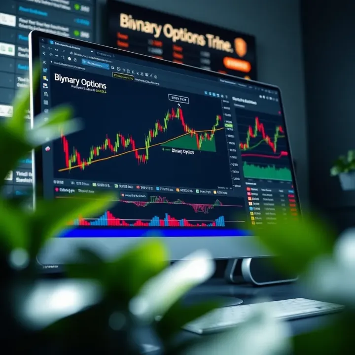 A computer screen displaying a binary options trading platform with charts and demo account features
