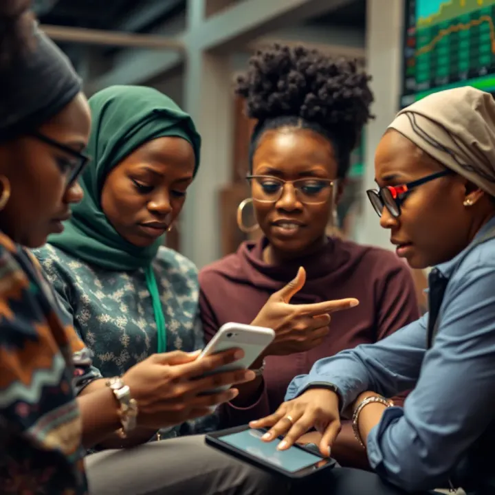 A diverse group of Nigerian traders analyzing financial charts on digital devices