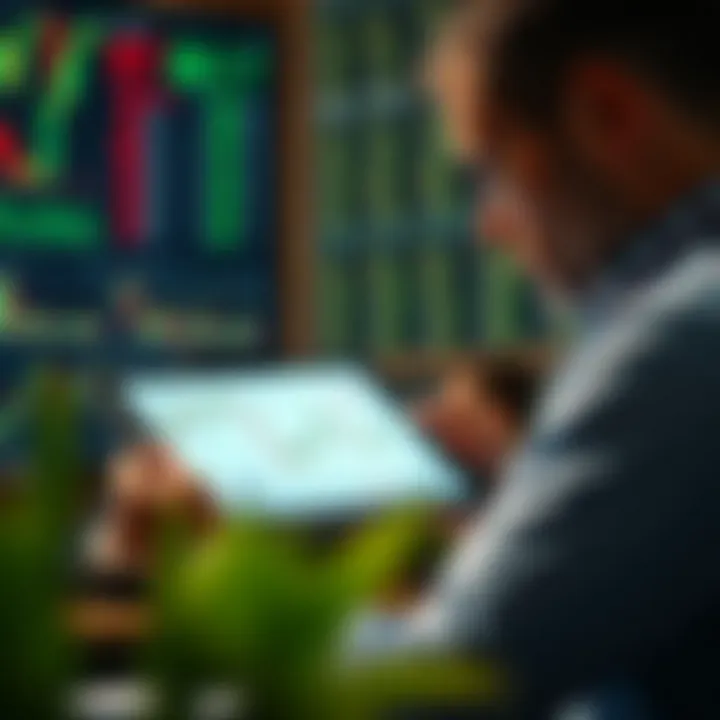 Illustration of a trader analyzing candlestick patterns on a digital tablet with market trend graphs