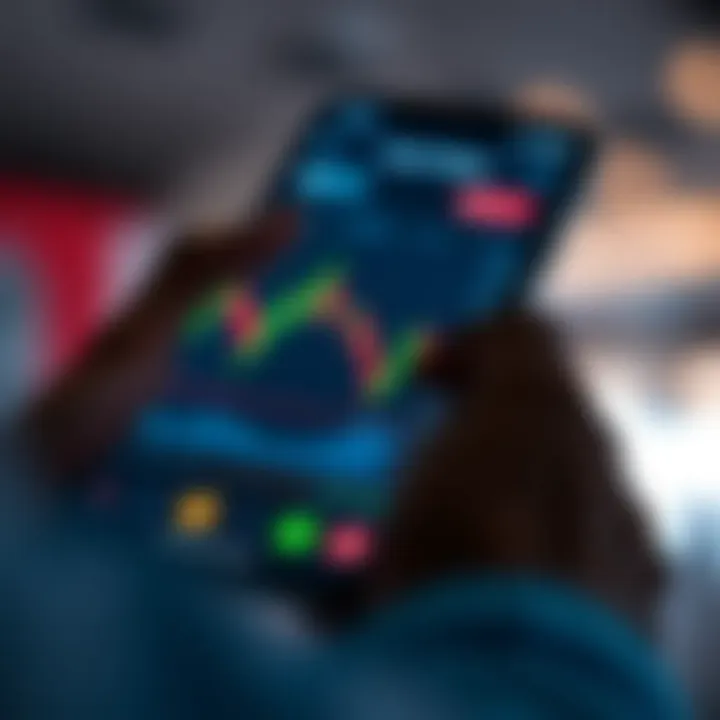 User navigating crypto trading application interface on a mobile device with charts and cryptocurrency icons