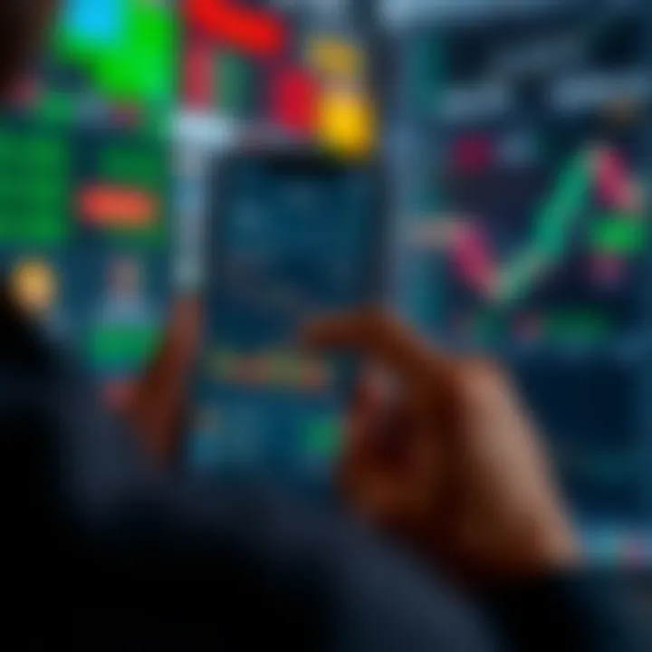 User interacting with a mobile forex trading platform displaying currency charts and trading options