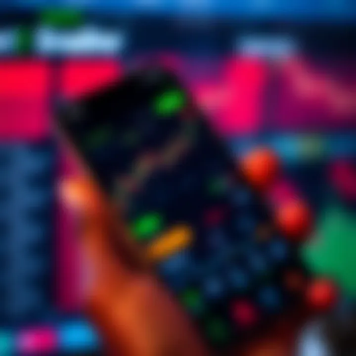 Mobile phone screen showing a trading app interface with charts and stock prices.