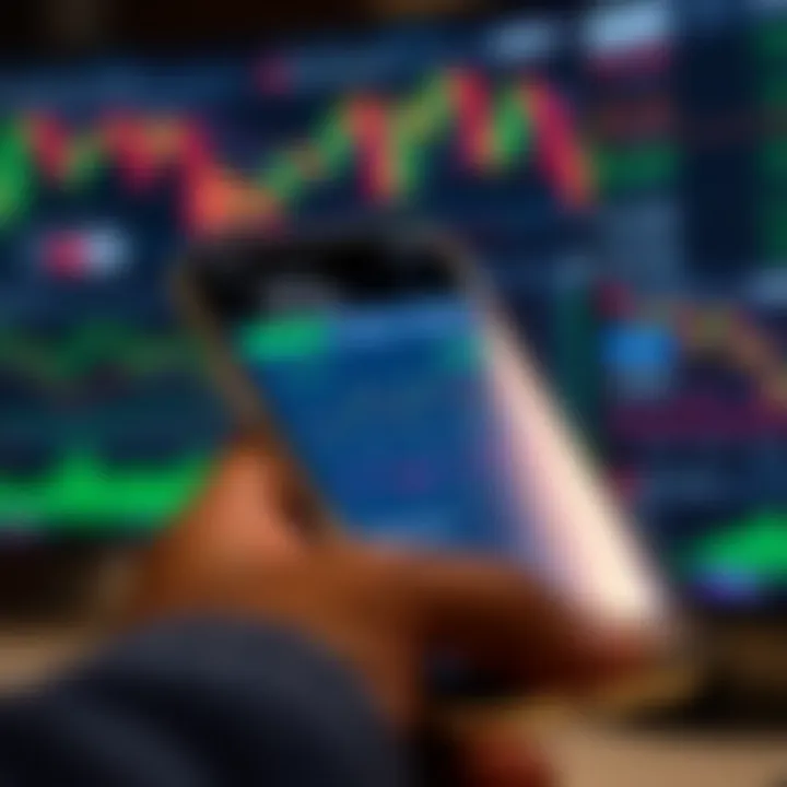 Mobile phone displaying a trading app interface with charts and statistics for Nigerian market