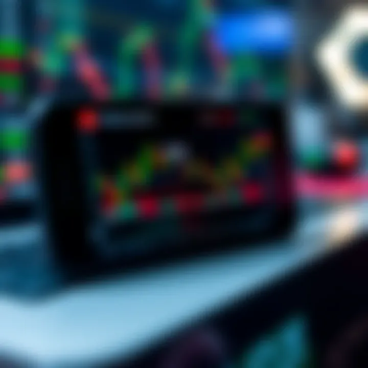 Mobile device displaying a trading app interface with charts and market data