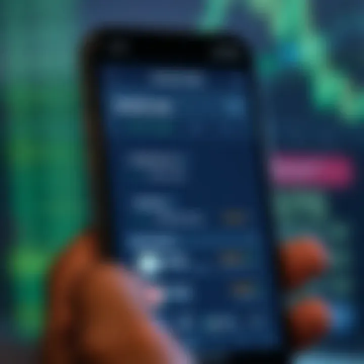 User interface displaying various trading app features on a smartphone screen