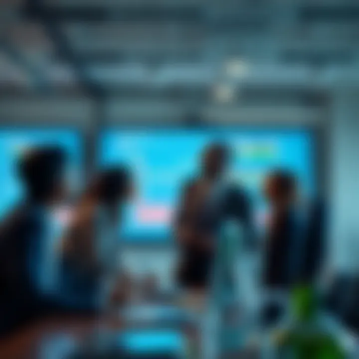 Business team evaluating risk factors on digital screens in a modern office environment