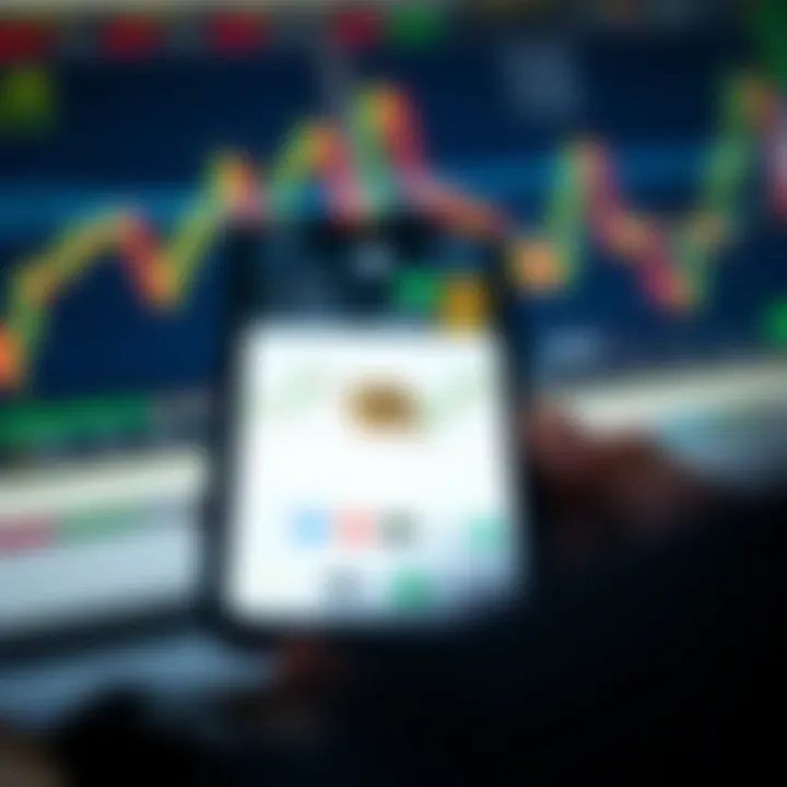 Smartphone screen displaying a bitcoin trading app interface with charts and price indicators