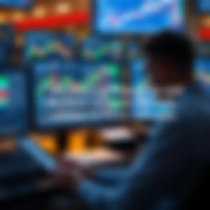 Focused trader analyzing charts on multiple screens with motivational quote overlay
