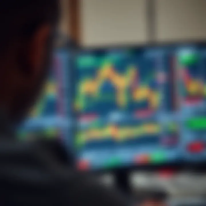 Digital screen displaying forex trading charts with currency symbols and market trends