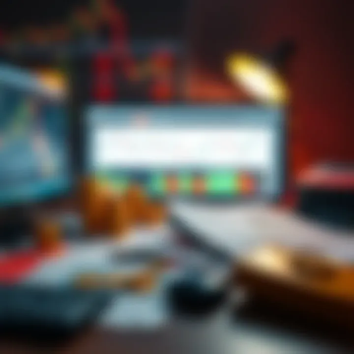 Conceptual illustration of skills and tools needed for forex trading including computer, financial documents, and currency symbols