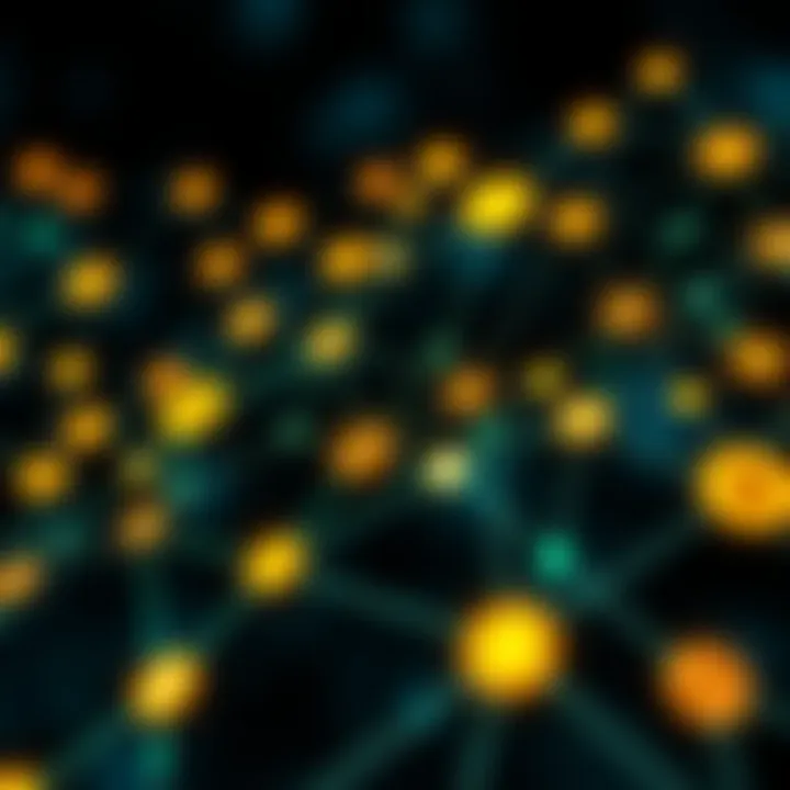 Illustration of digital cryptocurrency symbols connected in a network representing blockchain technology