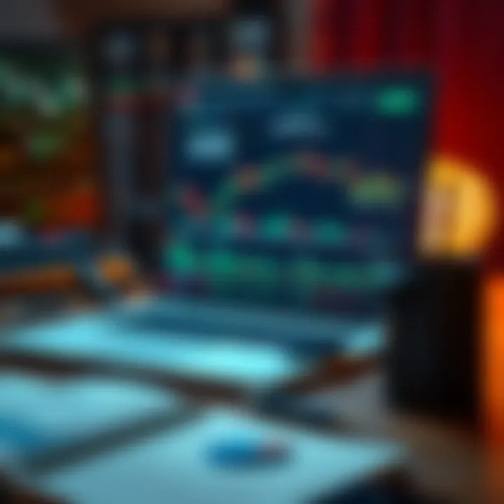Graphic showing a laptop screen with trading charts and educational materials for cryptocurrency learning