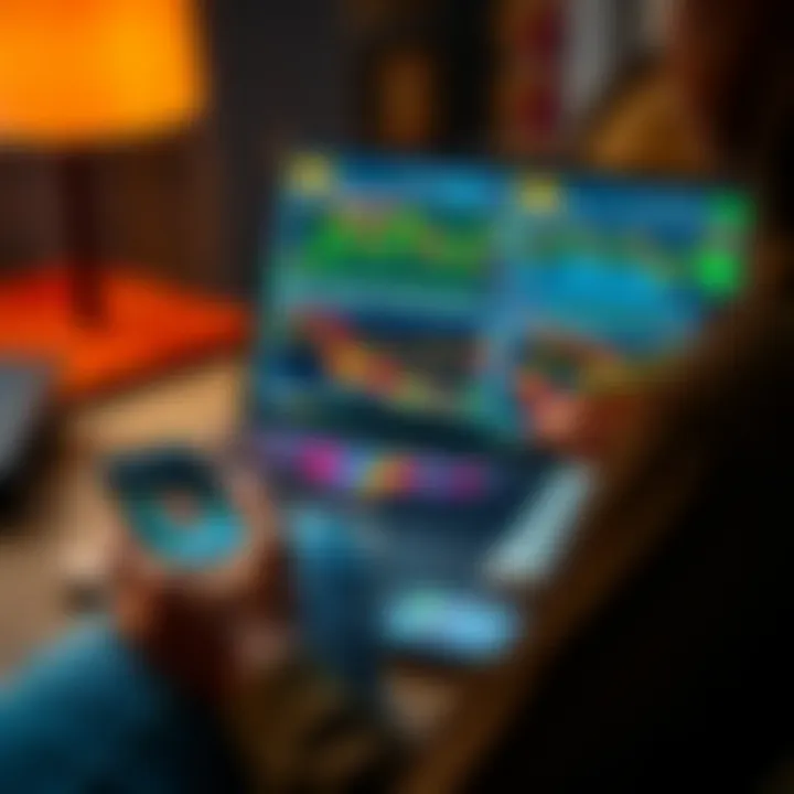 Nigerian forex trader analyzing charts on a laptop with Instagram open on a smartphone beside her