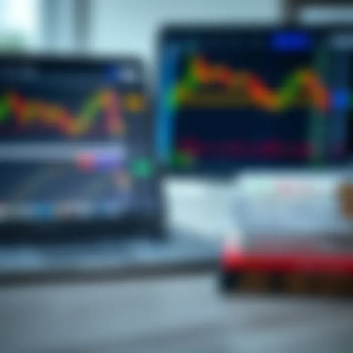 Stack of recommended forex trading books next to a laptop showing currency exchange rates