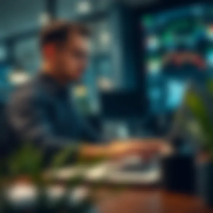 Illustration of a trader analyzing financial data on a laptop to practice trading strategies risk-free