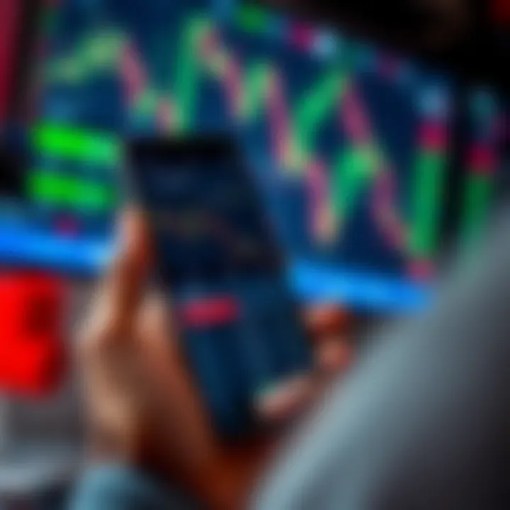 Mobile phone displaying a binary trading app interface with charts and trading options