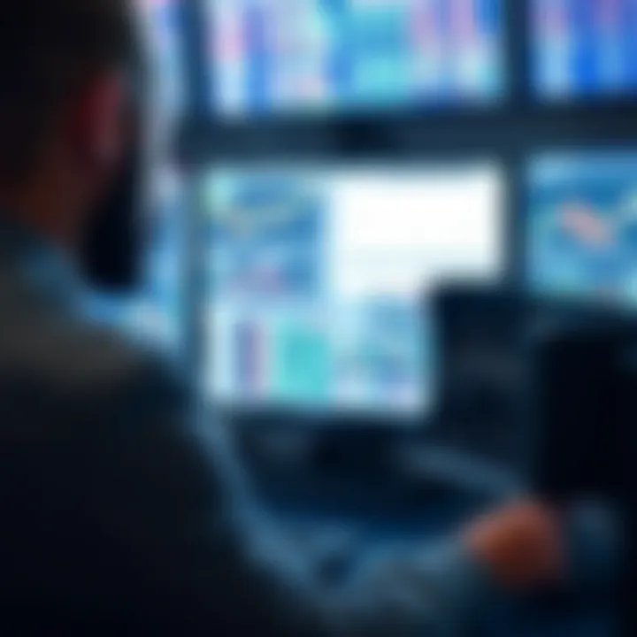 Trader analyzing forex charts and market data on multiple monitors