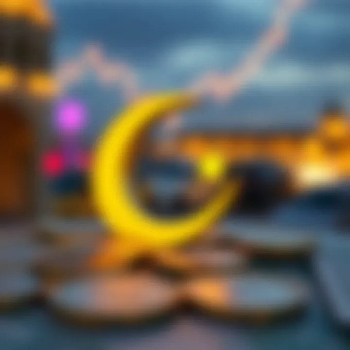 Conceptual illustration showing forex currency symbols with Islamic crescent and star symbolizing halal trading principles