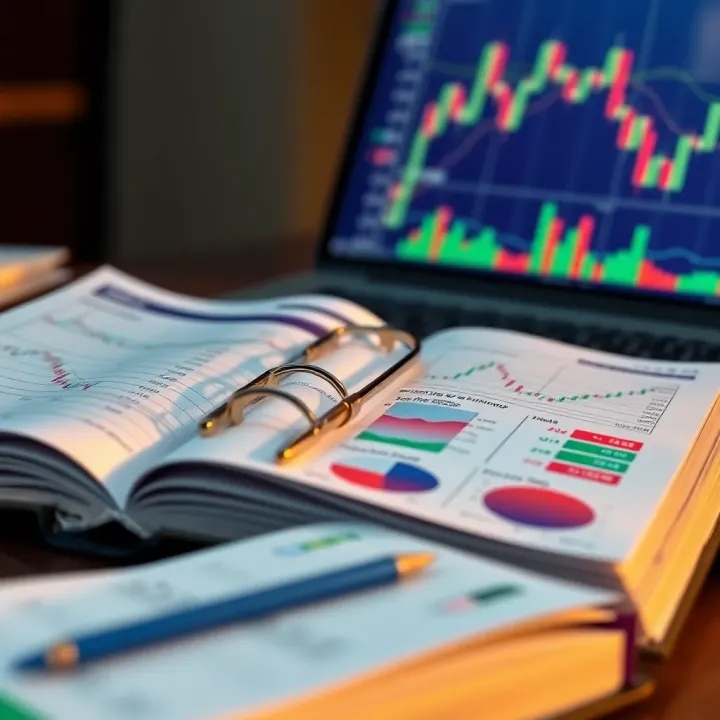 Open book with forex trading charts and graphs displayed on the pages