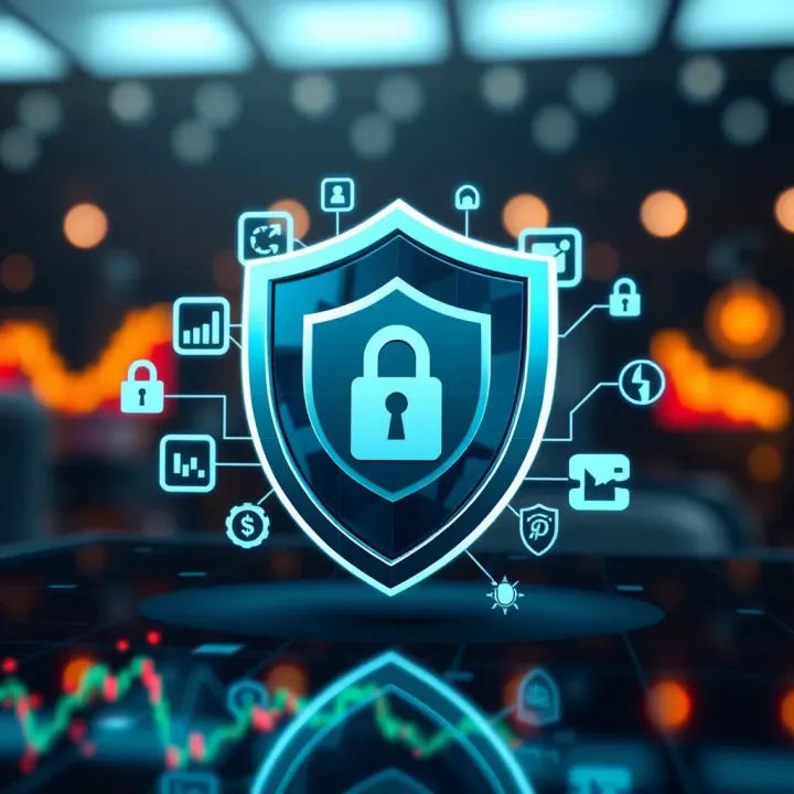 Secure shield symbol surrounded by digital trading icons representing app security
