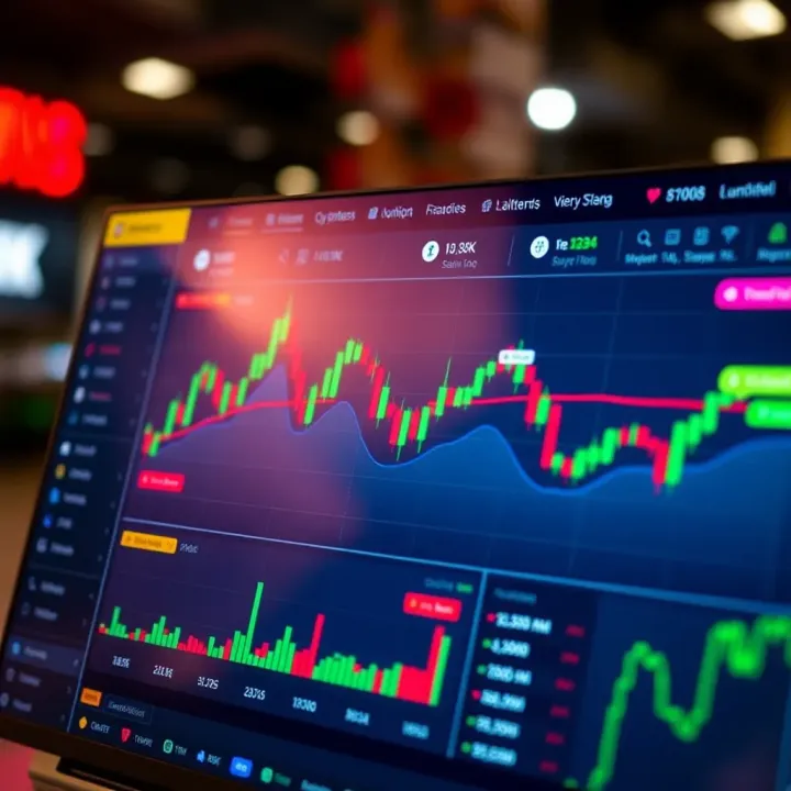 User interface of a cryptocurrency trading platform showing charts, fees, and features