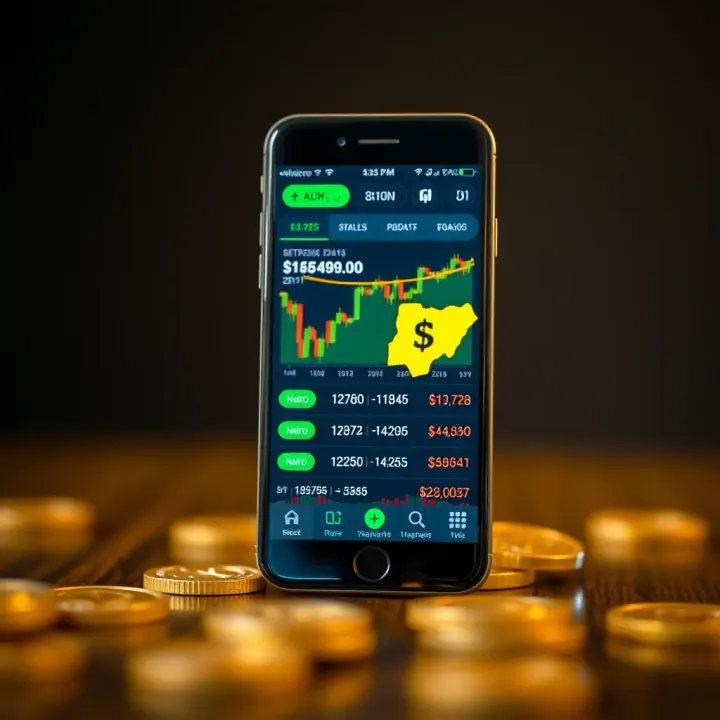 Smartphone displaying forex trading app interface with currency charts and Nigerian Naira symbol
