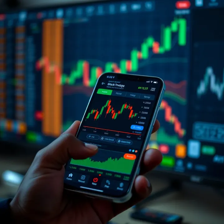 Mobile phone displaying stock market graphs and trading interface