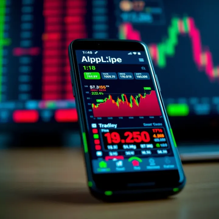 Mobile phone displaying stock trading app interface with graphs and market data