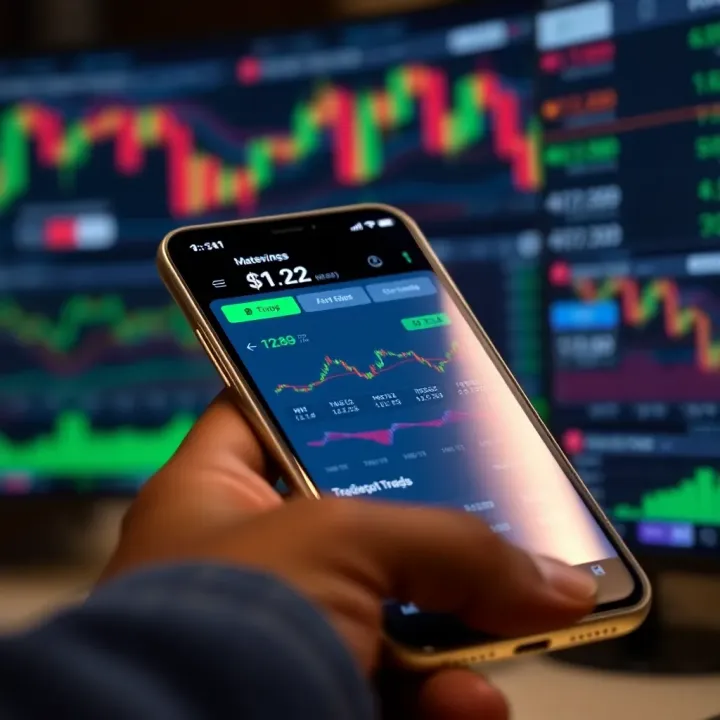 Mobile phone displaying a trading app interface with charts and statistics for Nigerian market