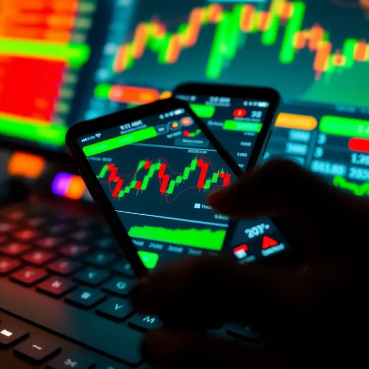 Mobile phone screen displaying forex trading app interface with currency charts and market trends