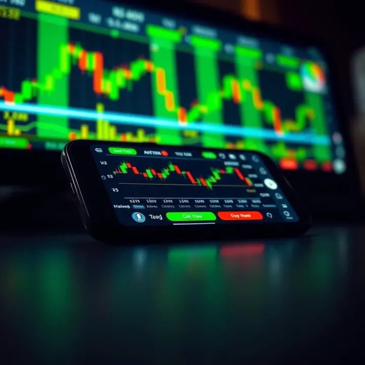 Mobile phone displaying crypto trading app interface with charts and transaction options