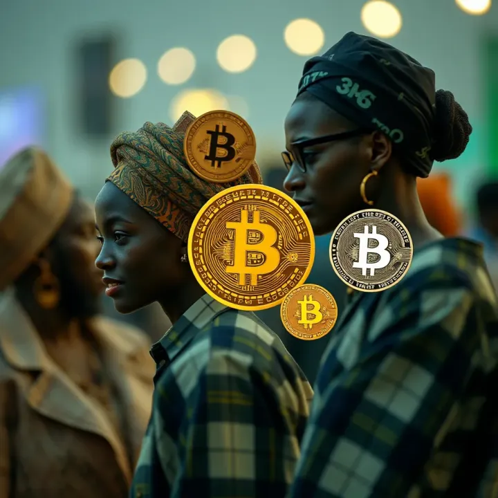 Illustration of cultural symbols intertwined with digital currency icons representing female trader identities