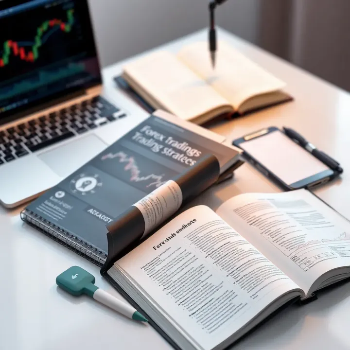 An open book displaying forex trading strategies alongside a laptop and a notepad on a desk