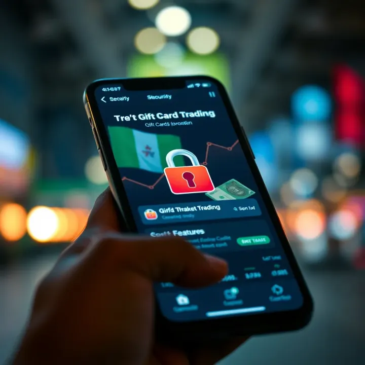 Mobile phone screen displaying a secure gift card trading app interface with Nigerian currency symbols