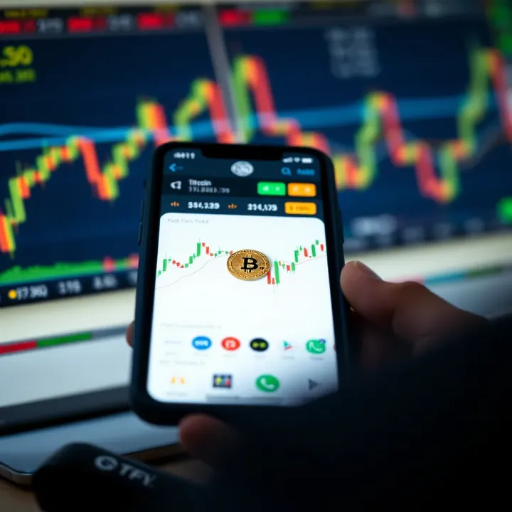 Smartphone screen displaying a bitcoin trading app interface with charts and price indicators
