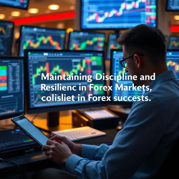 Focused trader analyzing charts on multiple screens with motivational quote overlay