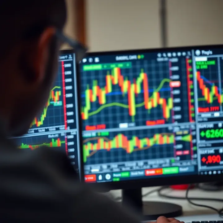 Digital screen displaying forex trading charts with currency symbols and market trends