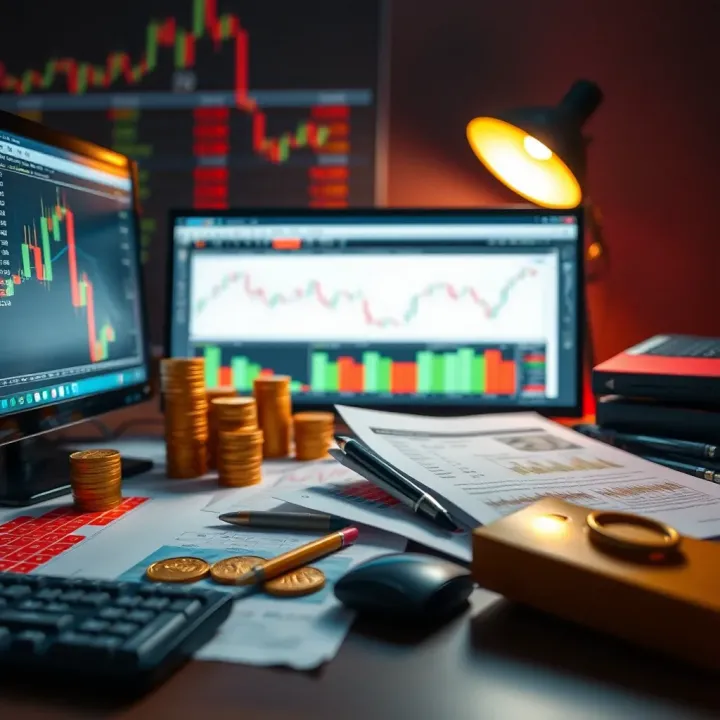Conceptual illustration of skills and tools needed for forex trading including computer, financial documents, and currency symbols
