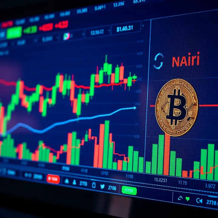 A digital interface displaying cryptocurrency charts and Nigerian naira symbol