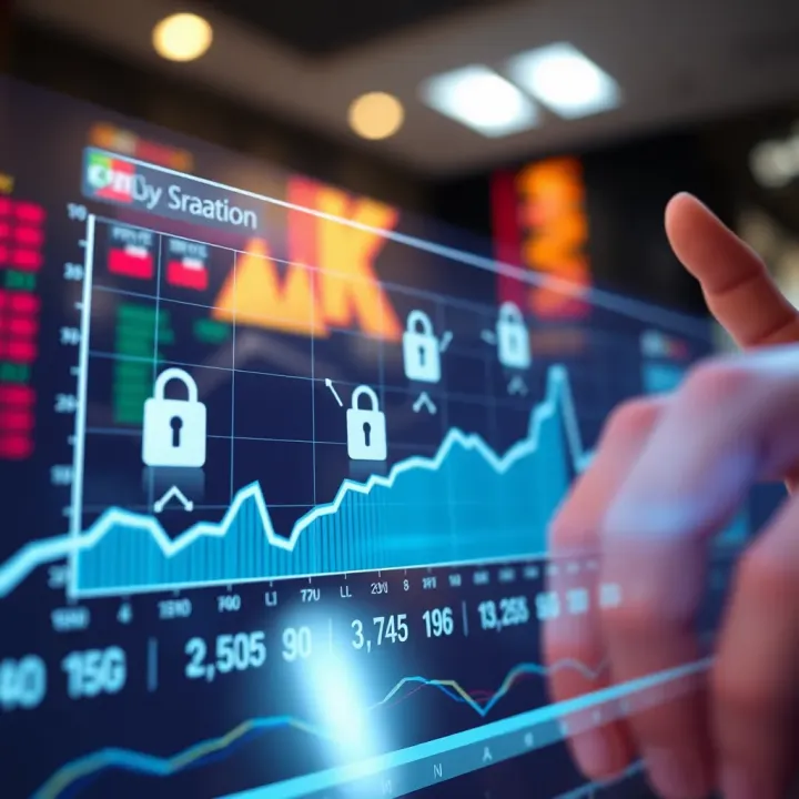 Graph illustrating buying and selling trends with icons of secure transactions and risk management