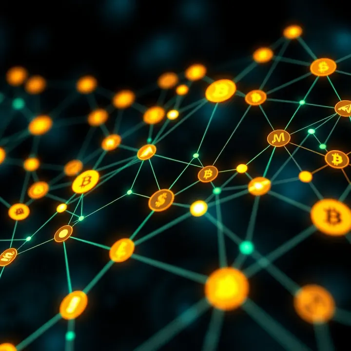 Illustration of digital cryptocurrency symbols connected in a network representing blockchain technology