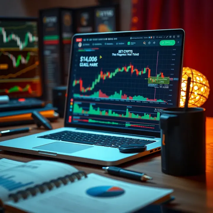 Graphic showing a laptop screen with trading charts and educational materials for cryptocurrency learning
