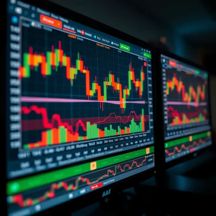 Illustration of a computer screen displaying forex trading platform with charts and currency pairs