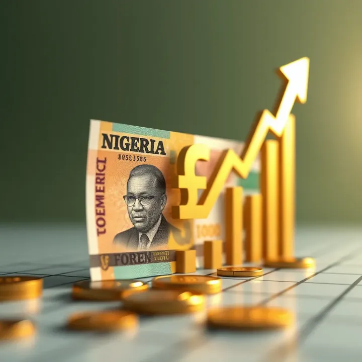 Illustration of Nigerian currency with forex symbols and upward financial graph