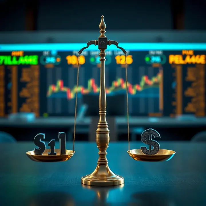 Scales balancing Islamic finance symbols and currency exchange icons