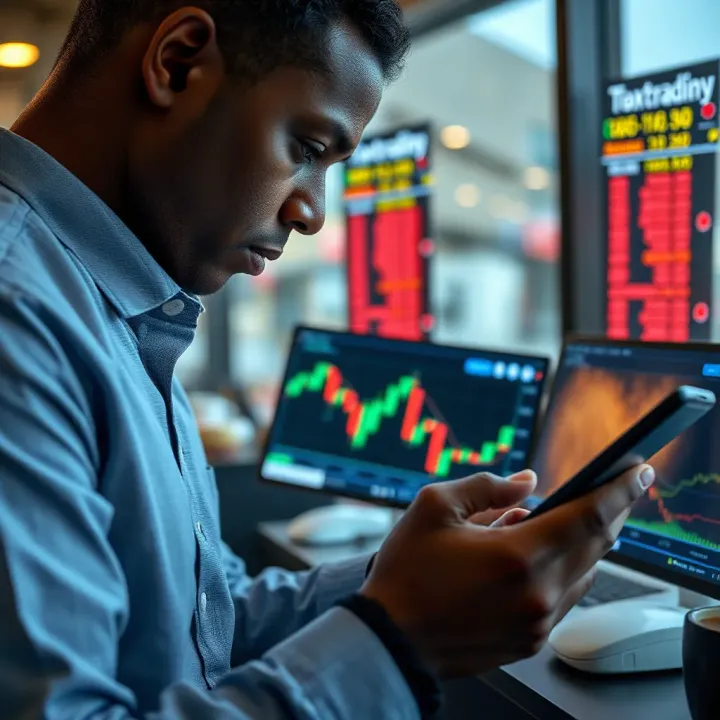Illustration of a forex trader analyzing currency exchange charts on a digital device while ensuring compliance with Nigerian regulations